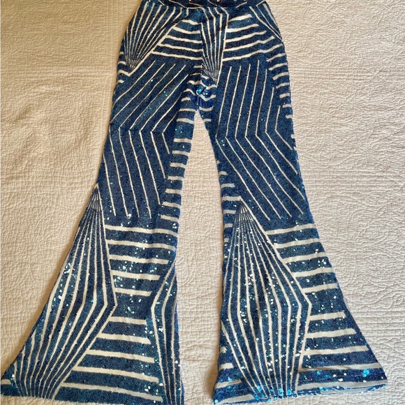 Blue and White Striped Sequin Women's Stretch Bell Bottoms size large - Picture 1 of 5